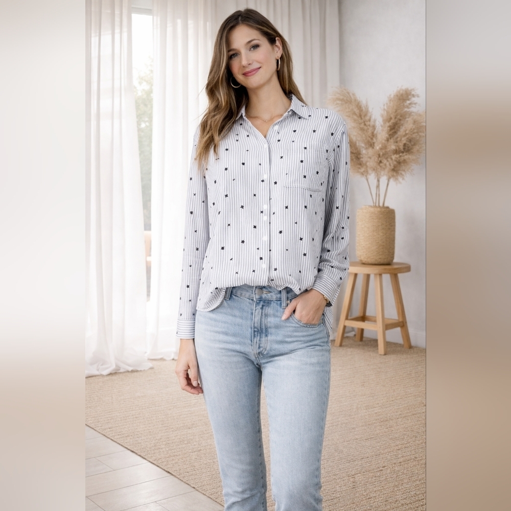 Rails White Striped Button-Down Shirt with Black Heart Dots